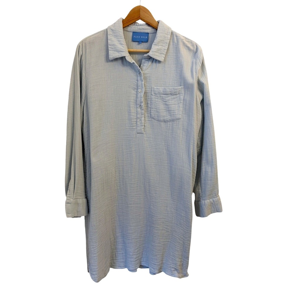 Alice Walk Cotton Gauze Shirt Dress L Coastal Beach Nautical Cover Up Light Blue - Picture 2 of 10